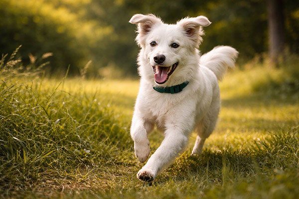 Hund-springer-på-grön-äng-varm-Celsius-Veterinärklinik hund springer i gräset